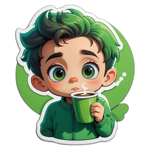 A green colored cartoon character drinking from a green colored cup.