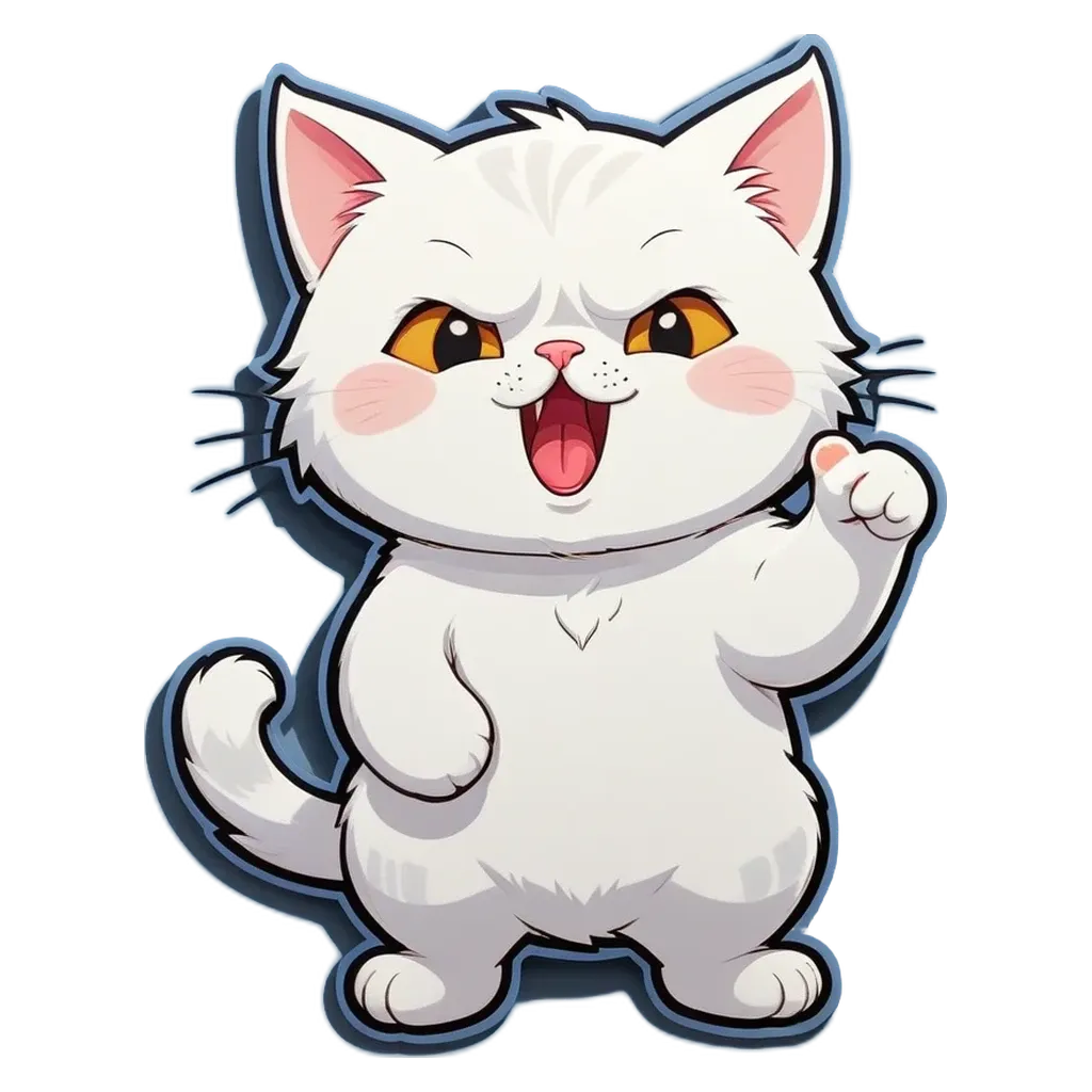 A white cat with an angry expression and its paw up in the air.