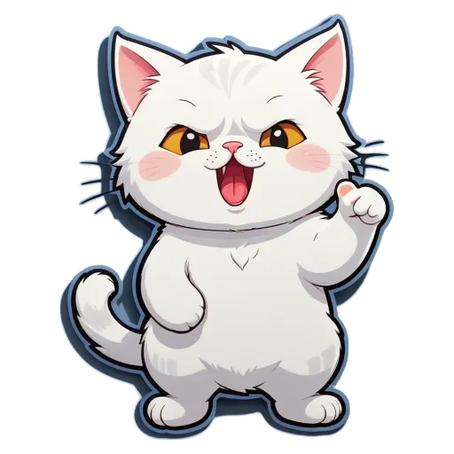 A white cat with an angry expression and its paw up in the air.