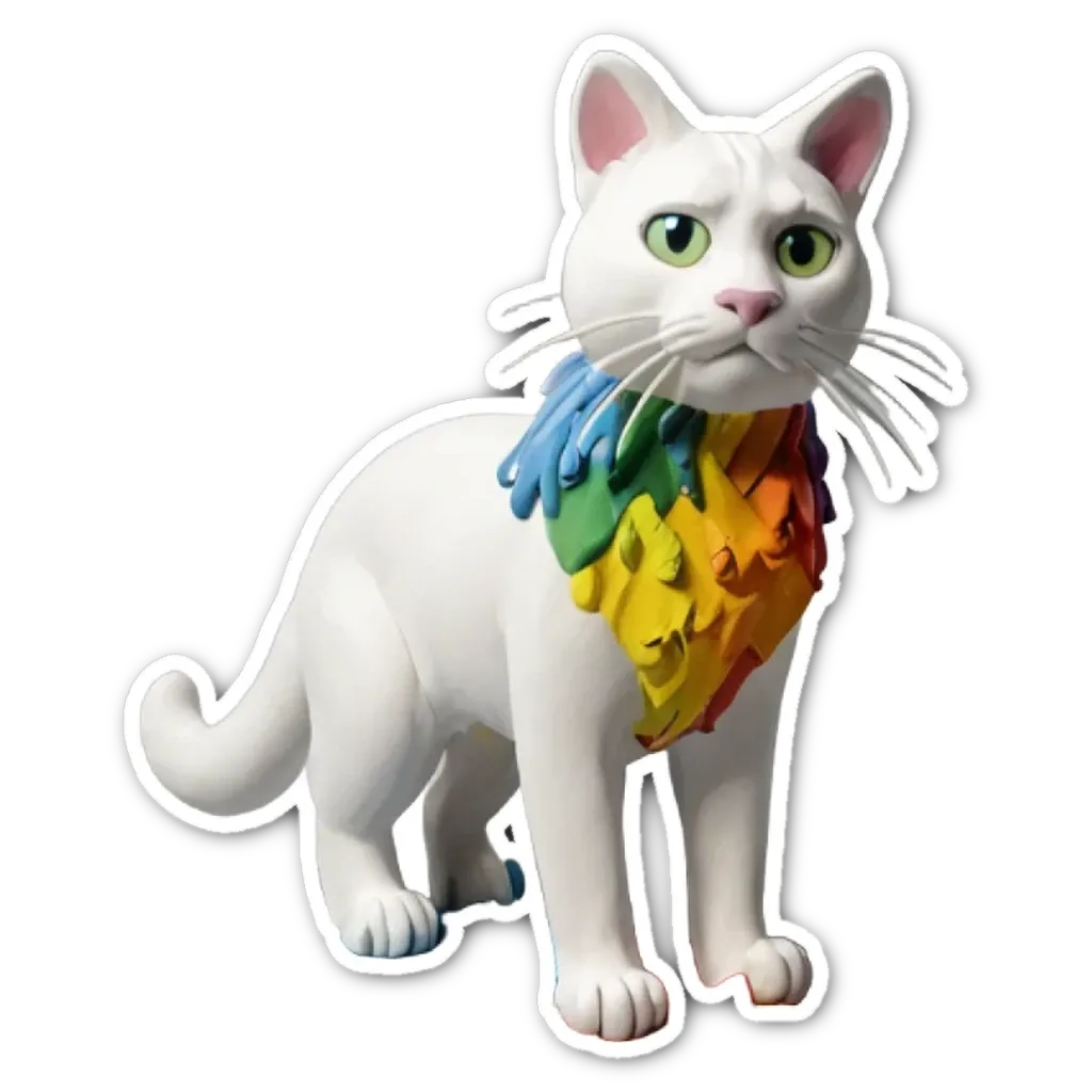 A white cat with paint on its face and body.