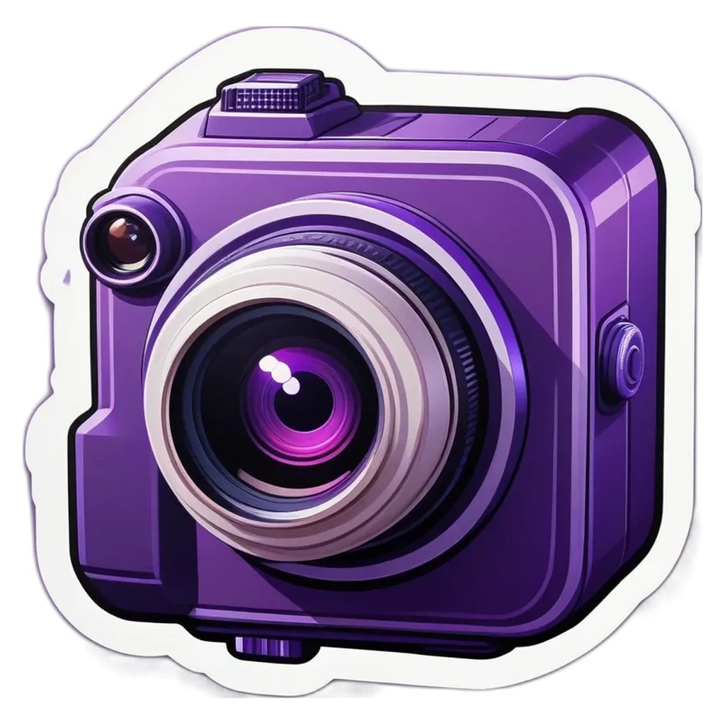 A purple square photo frame with a camera lens on the front.