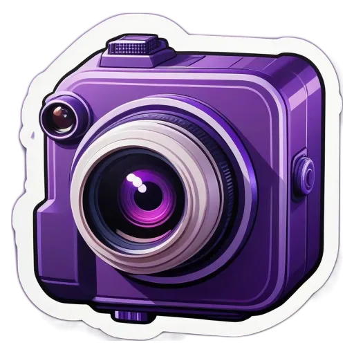 A purple square photo frame with a camera lens on the front.