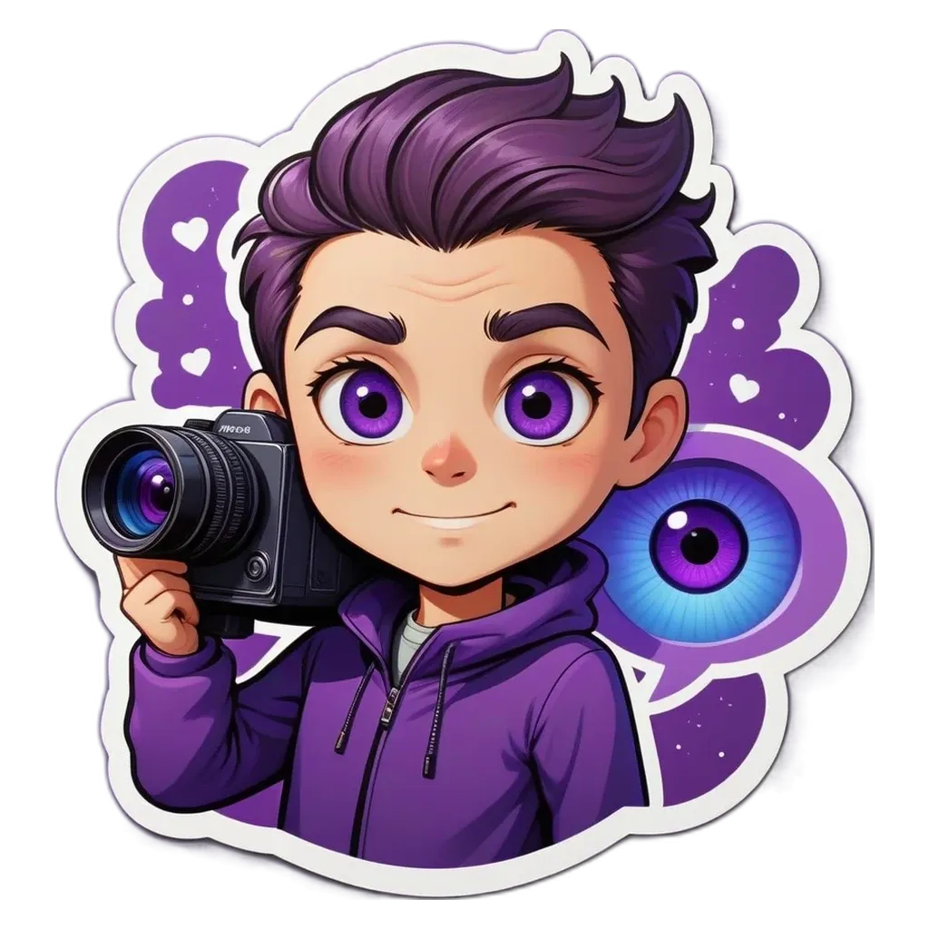 A boy holding a camera with purple hair and an eye sticker.