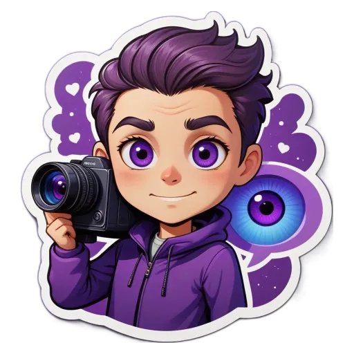 A boy holding a camera with purple hair and an eye sticker.