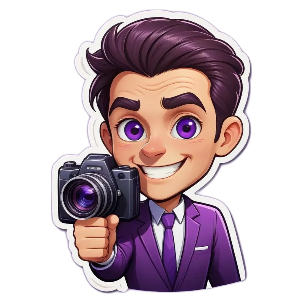 A cartoon photo of a man in a purple suit holding a camera.