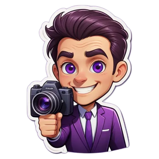 A cartoon photo of a man in a purple suit holding a camera.