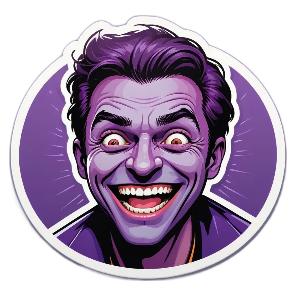 A sticker of a joker man with purple eyes.