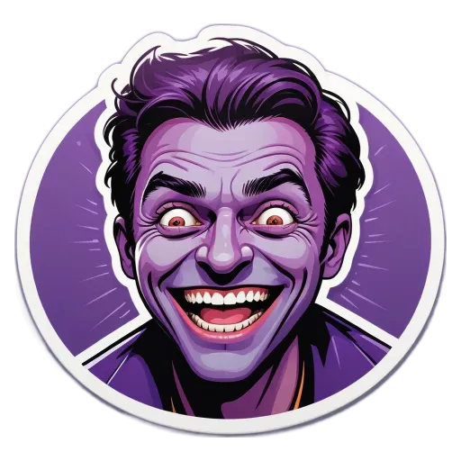 A sticker of a joker man with purple eyes.