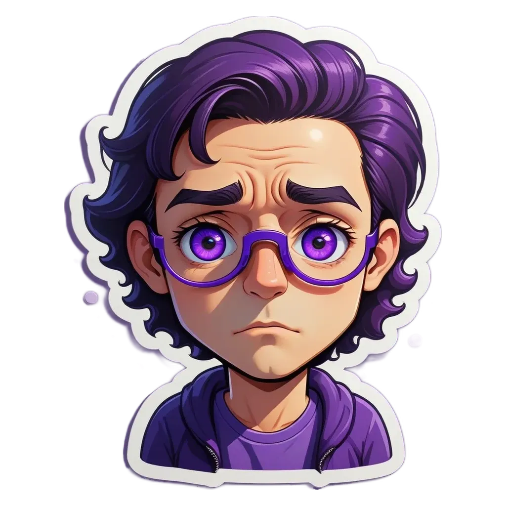 A sad face sticker of a person wearing purple glasses.