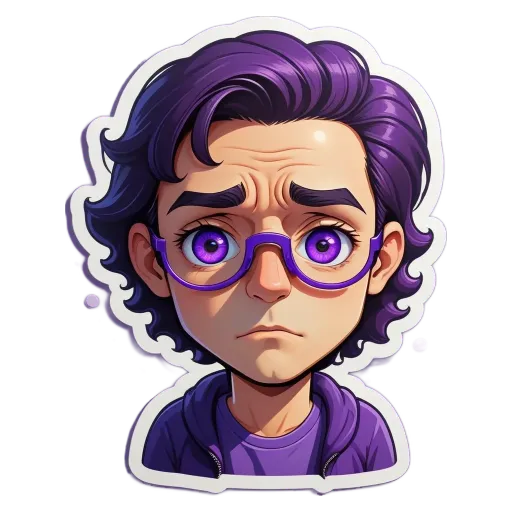 A sad face sticker of a person wearing purple glasses.