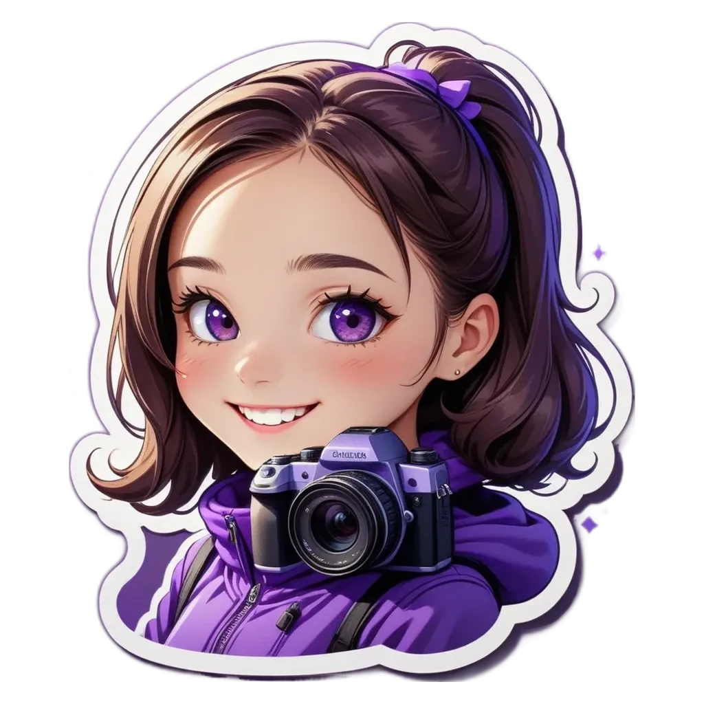 A girl with a camera around her neck is sticker'd.