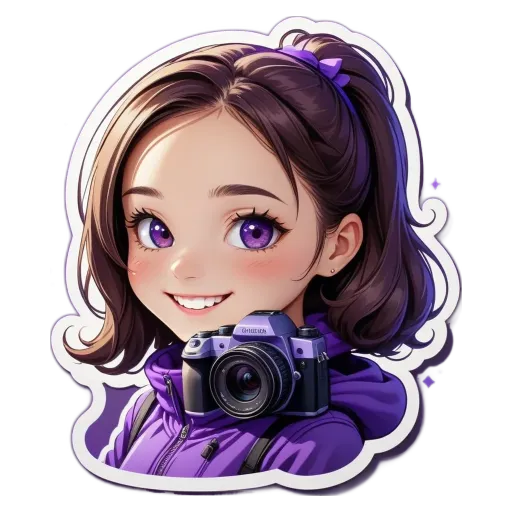 A girl with a camera around her neck is sticker'd.