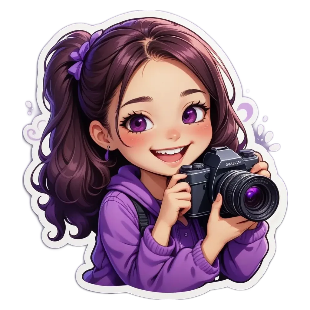 A girl holding a camera is in the center of a sticker.