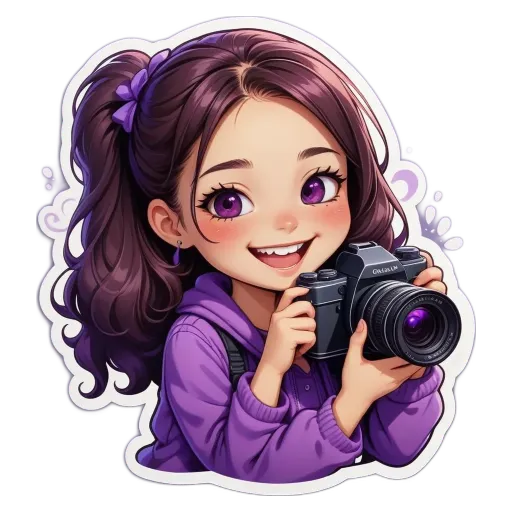 A girl holding a camera is in the center of a sticker.