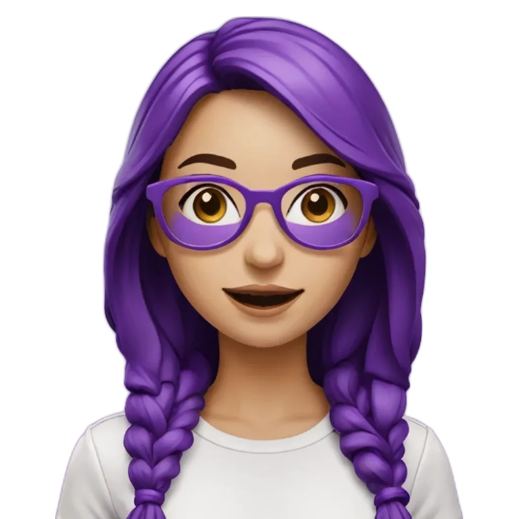 A woman with purple hair and glasses is smiling.