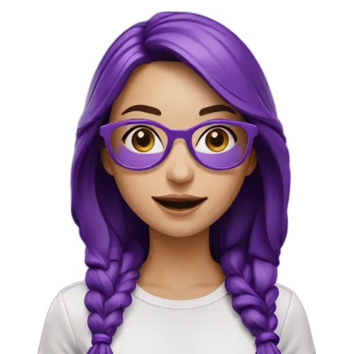 A woman with purple hair and glasses is smiling.