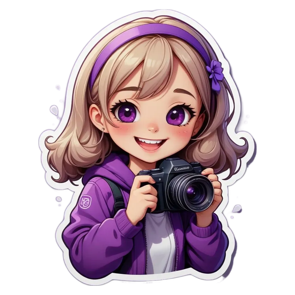 A girl holding a camera is shown on a black background.
