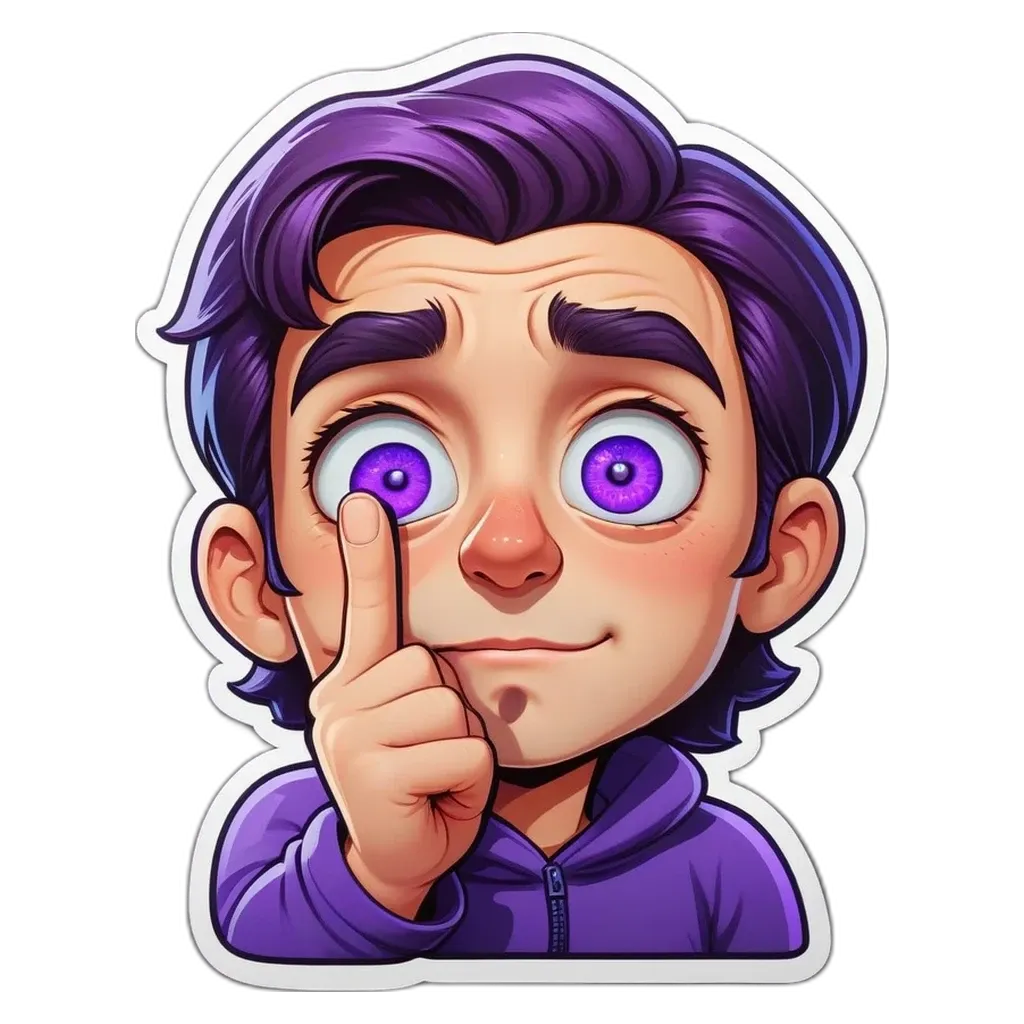 A purple character pointing to the left eye.