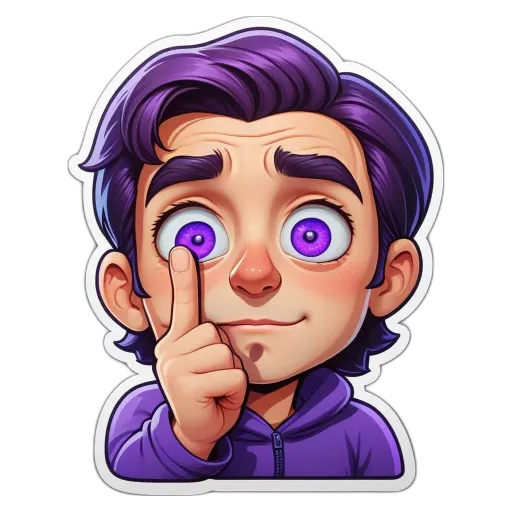 A purple character pointing to the left eye.