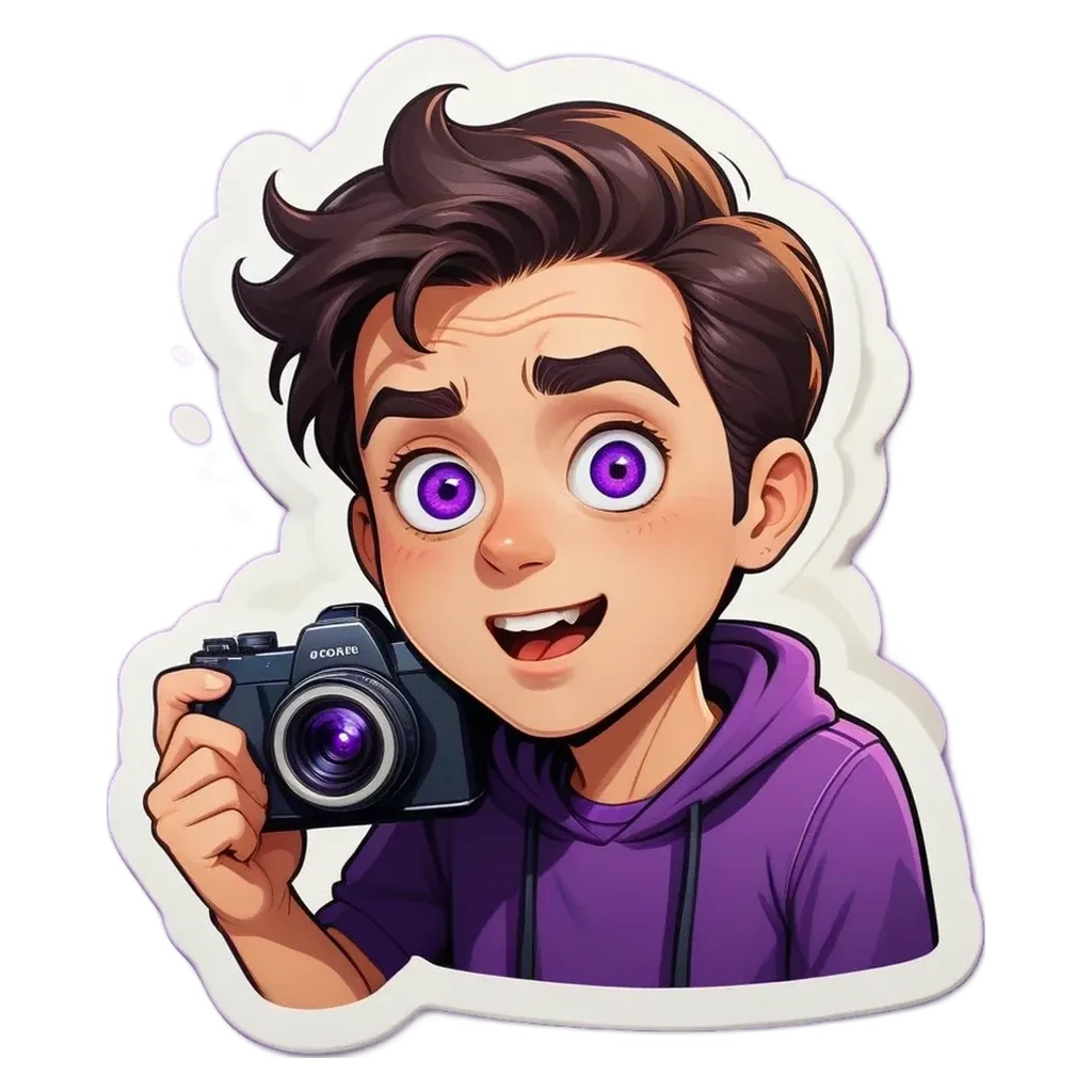 A boy with a purple shirt holding a camera.