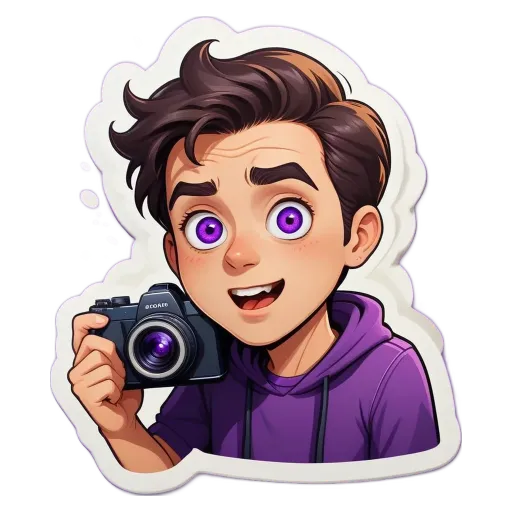 A boy with a purple shirt holding a camera.