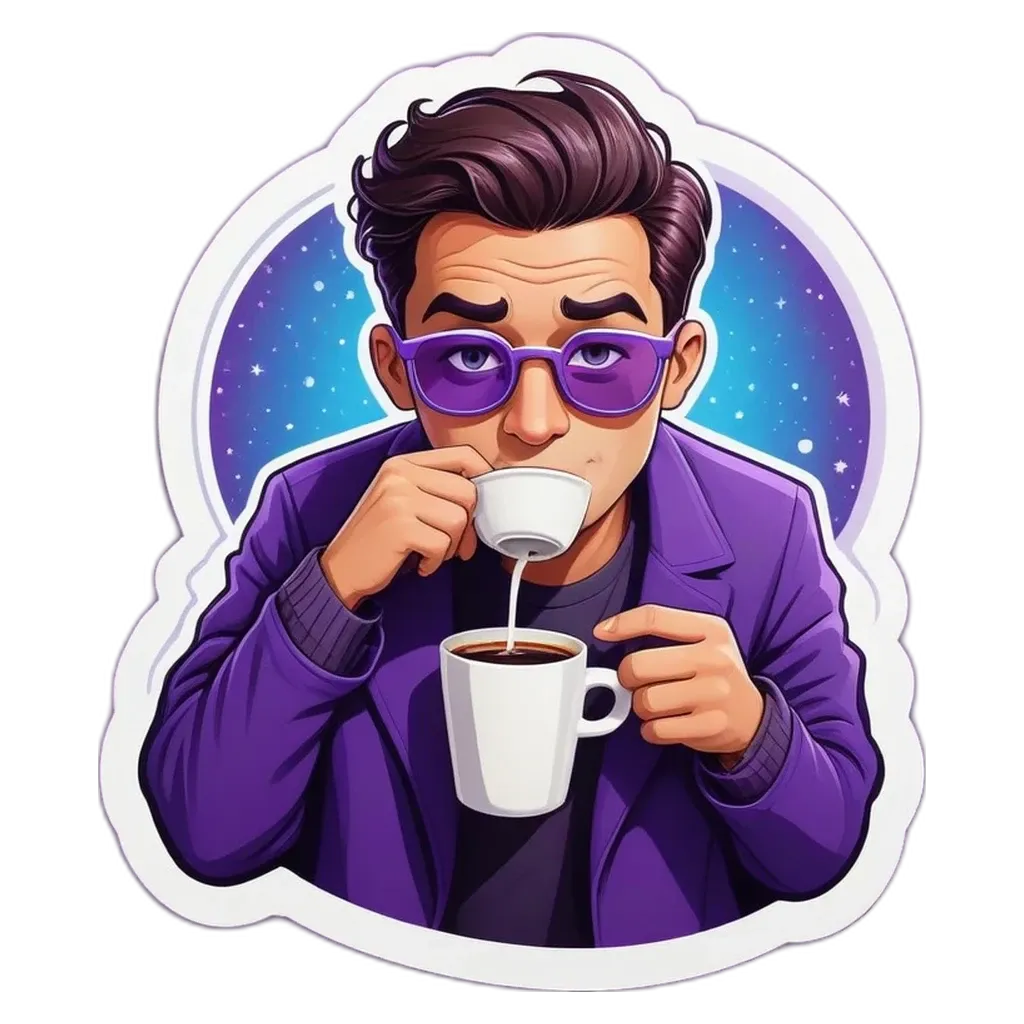 A man drinking from a coffee cup with a purple shirt.