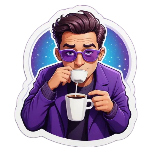 A man drinking from a coffee cup with a purple shirt.