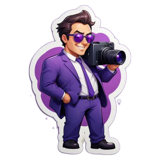 A cartoon depiction of a man wearing a purple suit and tie holding a camera.