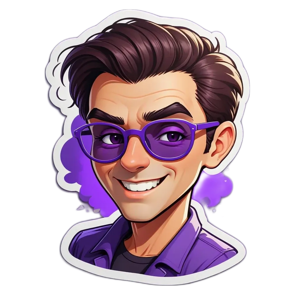 A cartoonish man with purple hair wearing purple glasses.