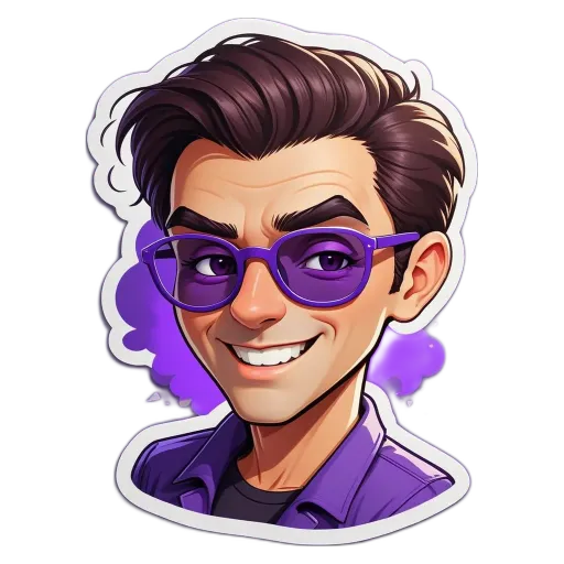 A cartoonish man with purple hair wearing purple glasses.