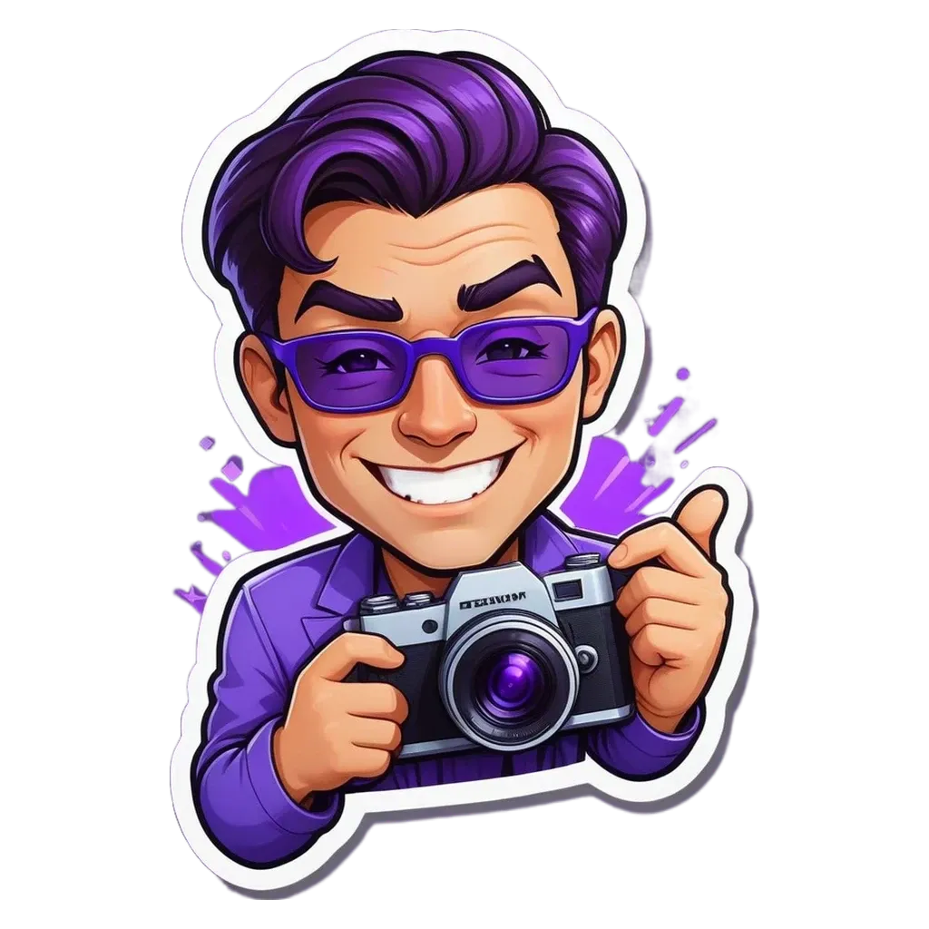 A man wearing purple glasses and a blue jacket holding a camera.