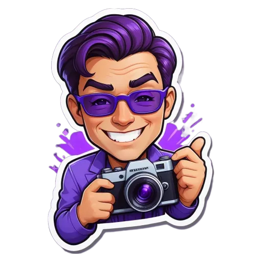 A man wearing purple glasses and a blue jacket holding a camera.