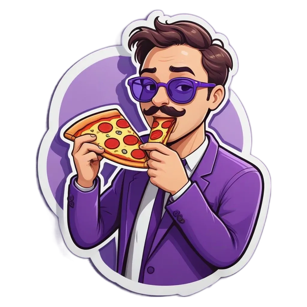 A man wearing a purple suit eating pizza with a sticker.