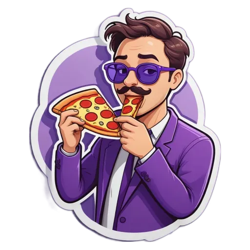 A man wearing a purple suit eating pizza with a sticker.