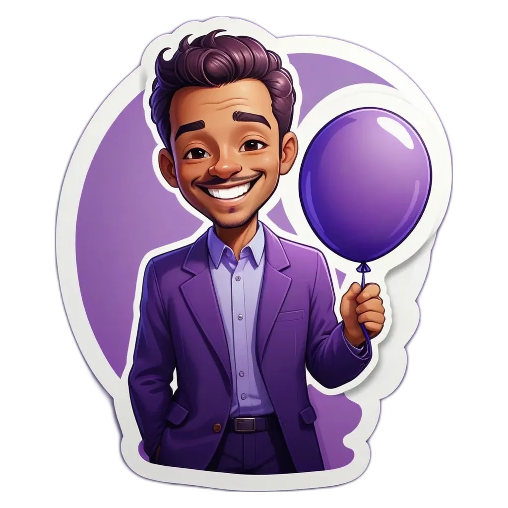 A cartoon image of man holding a purple balloon.