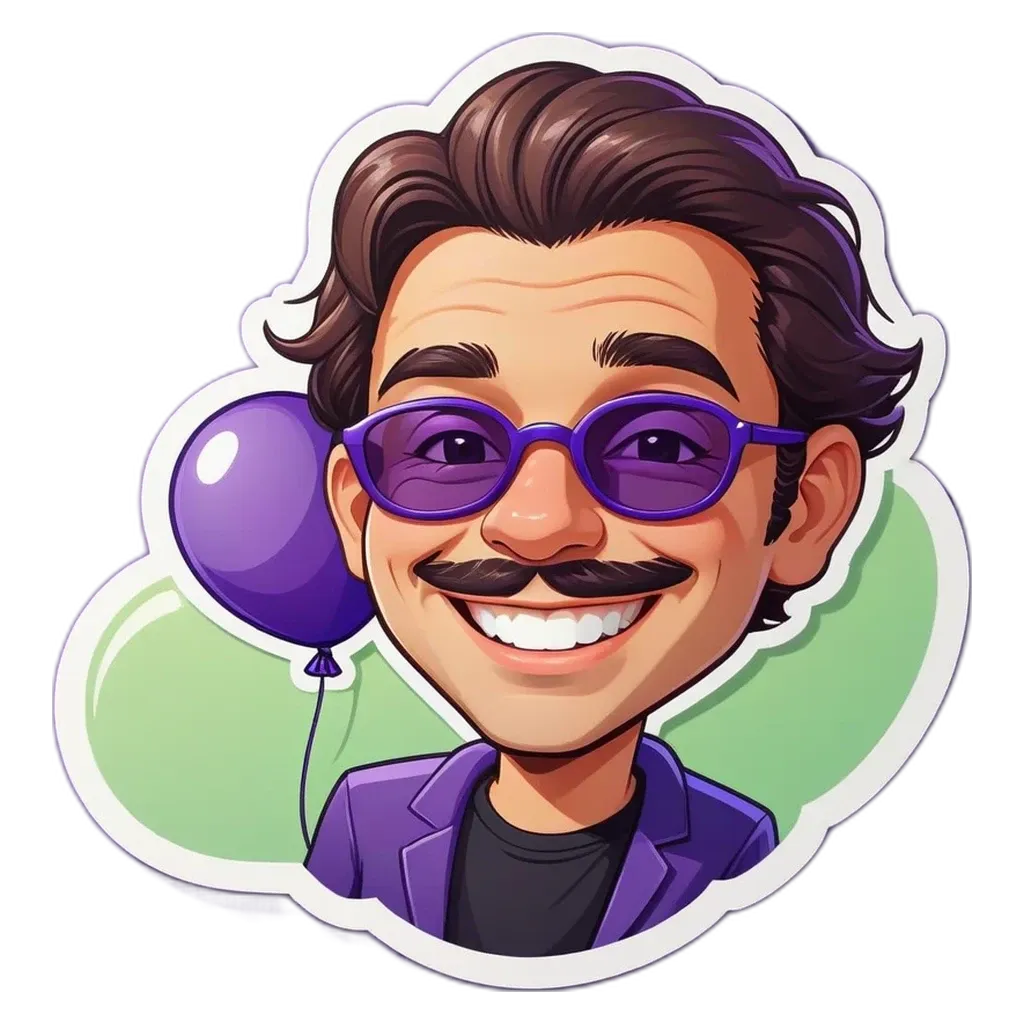 A man wearing purple glasses and a purple mustache is standing with a balloon.