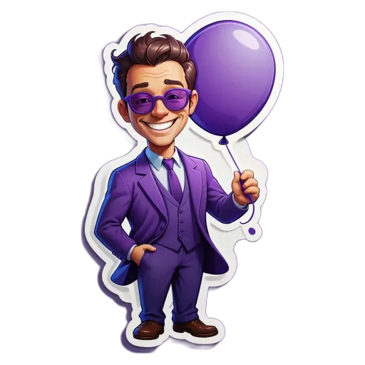 A cartoon character wearing a purple suit holding a balloon.