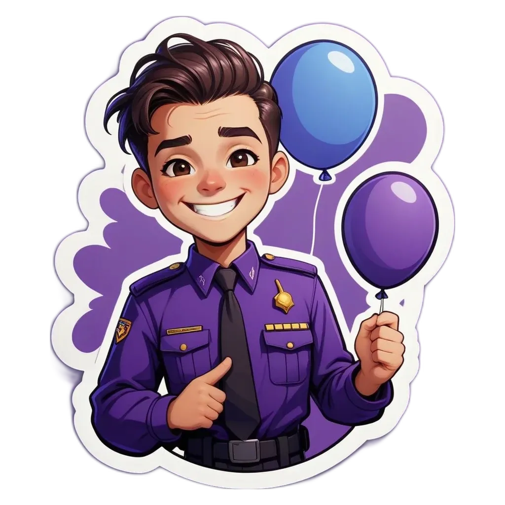 A cartoon depiction of a police officer holding two balloons.