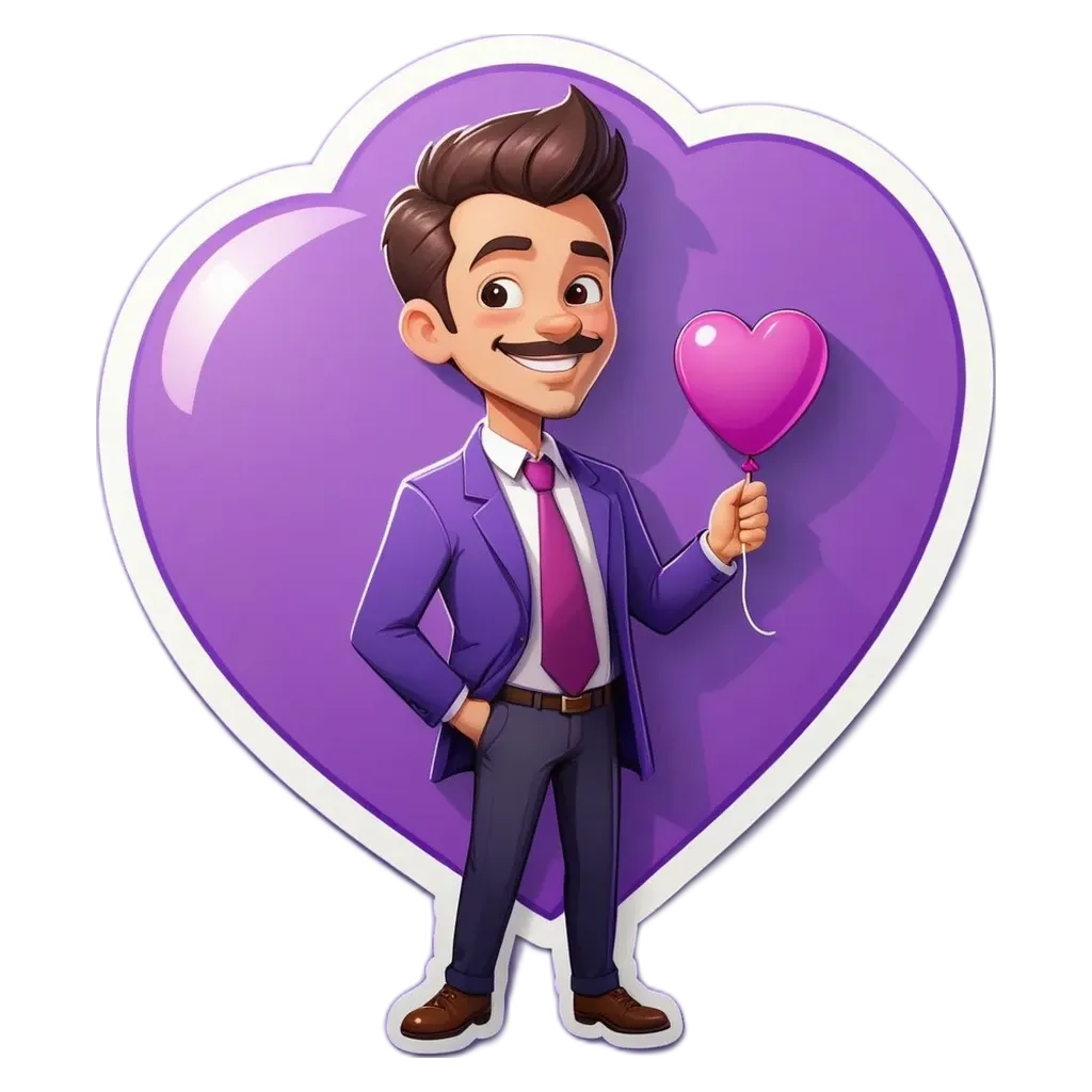 A man in a purple suit holding a heart shaped balloon.