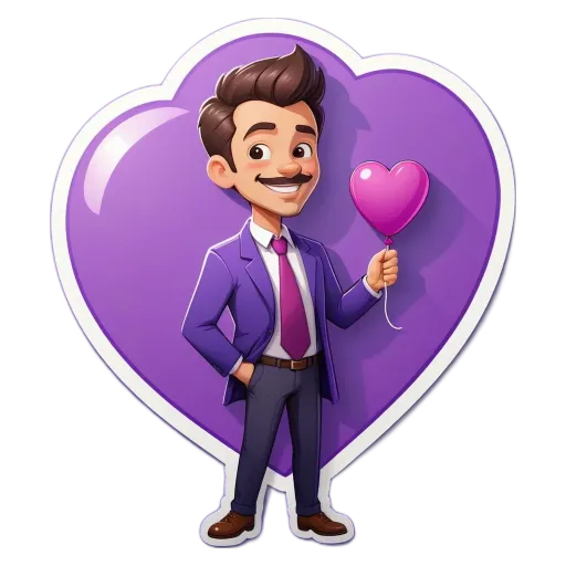 A man in a purple suit holding a heart shaped balloon.