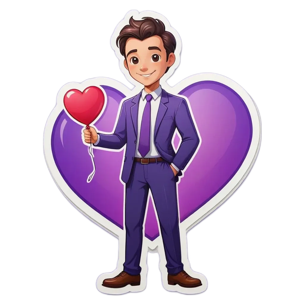 A man wearing a suit and tie with a red heart holding a balloon.