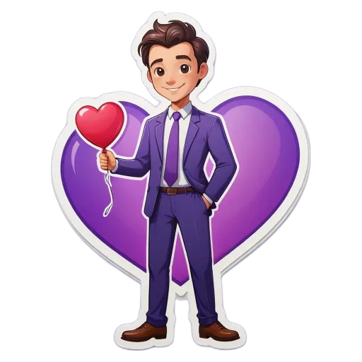 A man wearing a suit and tie with a red heart holding a balloon.