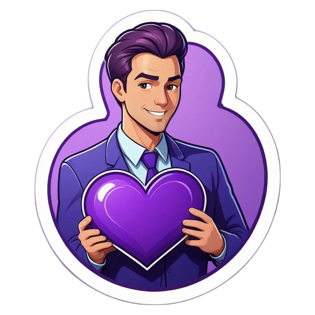 A man in a suit holding a heart sticker that has a heart on it.