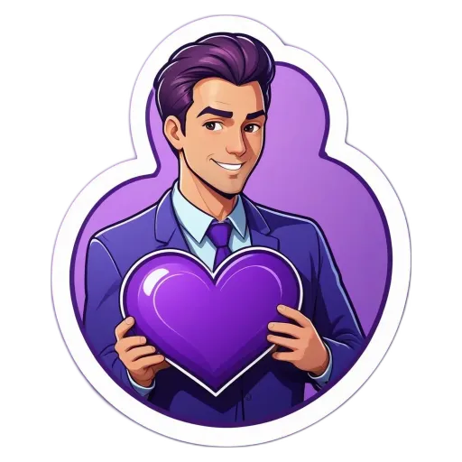 A man in a suit holding a heart sticker that has a heart on it.