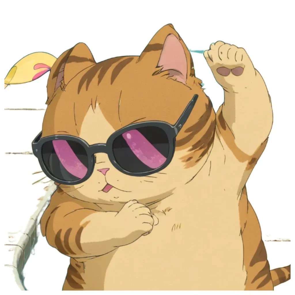 A cat in sunglasses is holding a feather and waving.