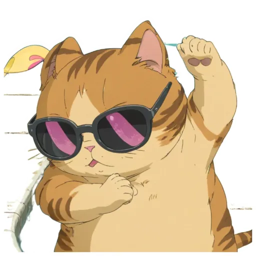 A cat in sunglasses is holding a feather and waving.