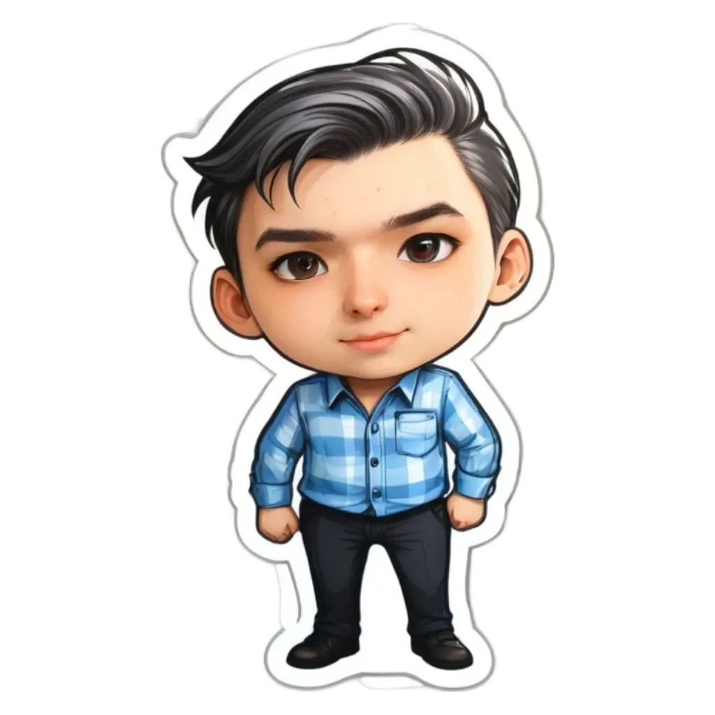 A boy character from a sticker is wearing a blue plaid shirt and black pants.