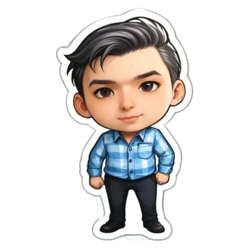 A boy character from a sticker is wearing a blue plaid shirt and black pants.