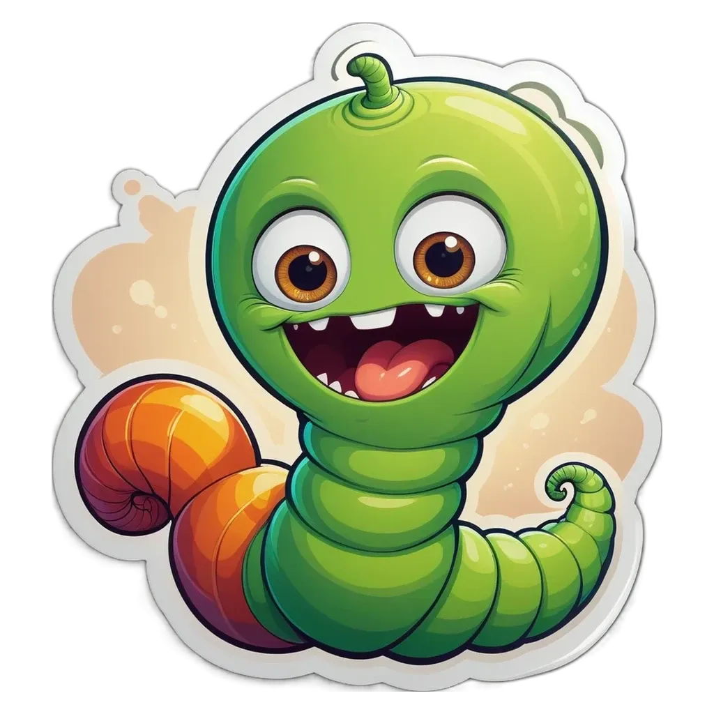 A cartoon green caterpillar with orange eyes and a smile.