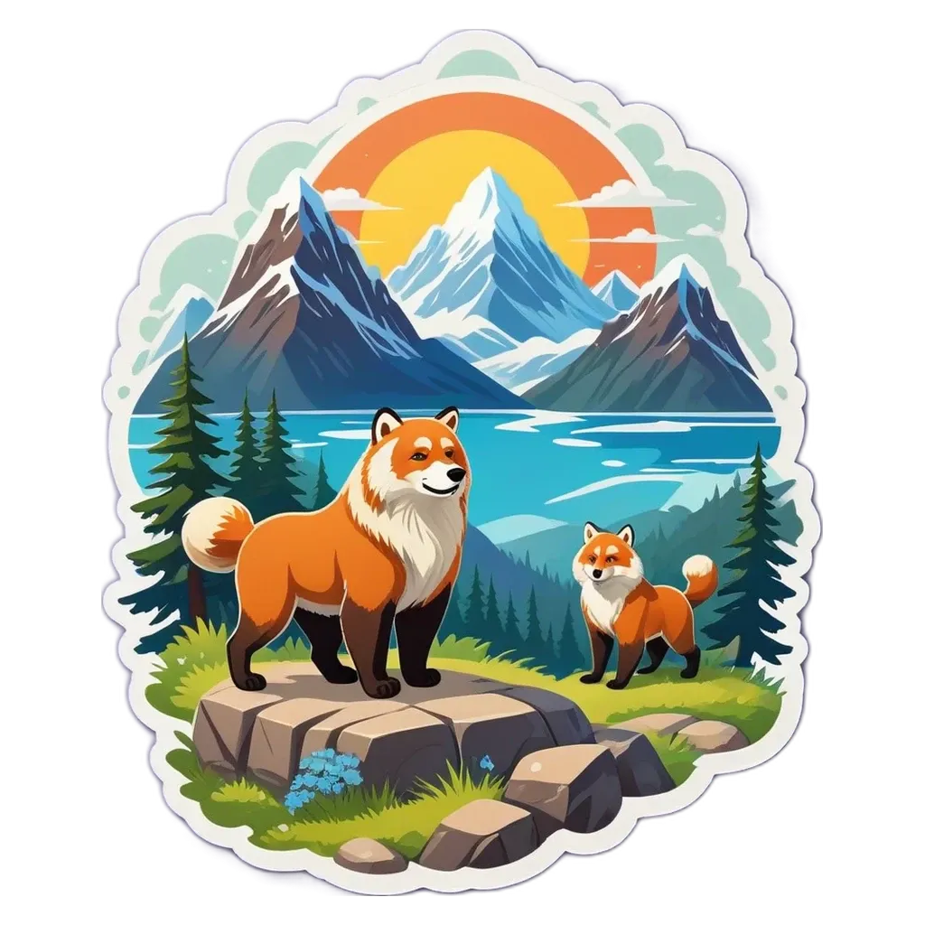 A fox and his family on a mountain sticker.